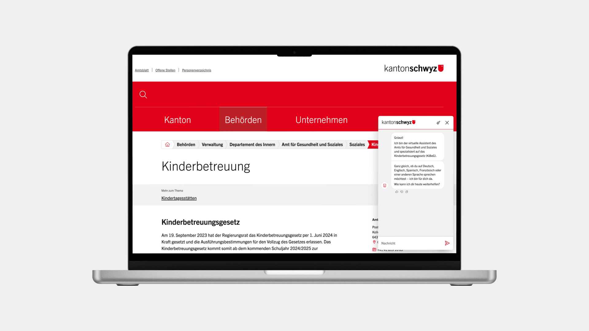 Hier sieht man den Chatbot für das Amt für Gesundheit und Soziales des Kantons Schwyz.