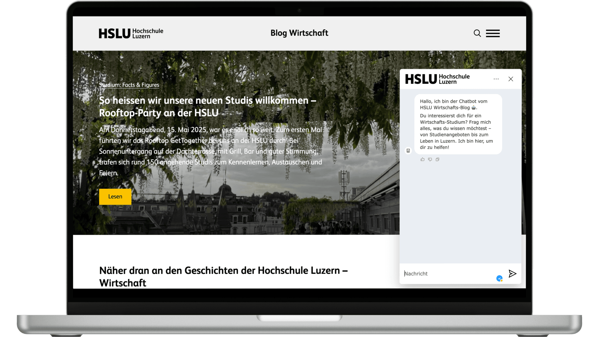 Chatbot in Action auf der HSLU Webseite.
