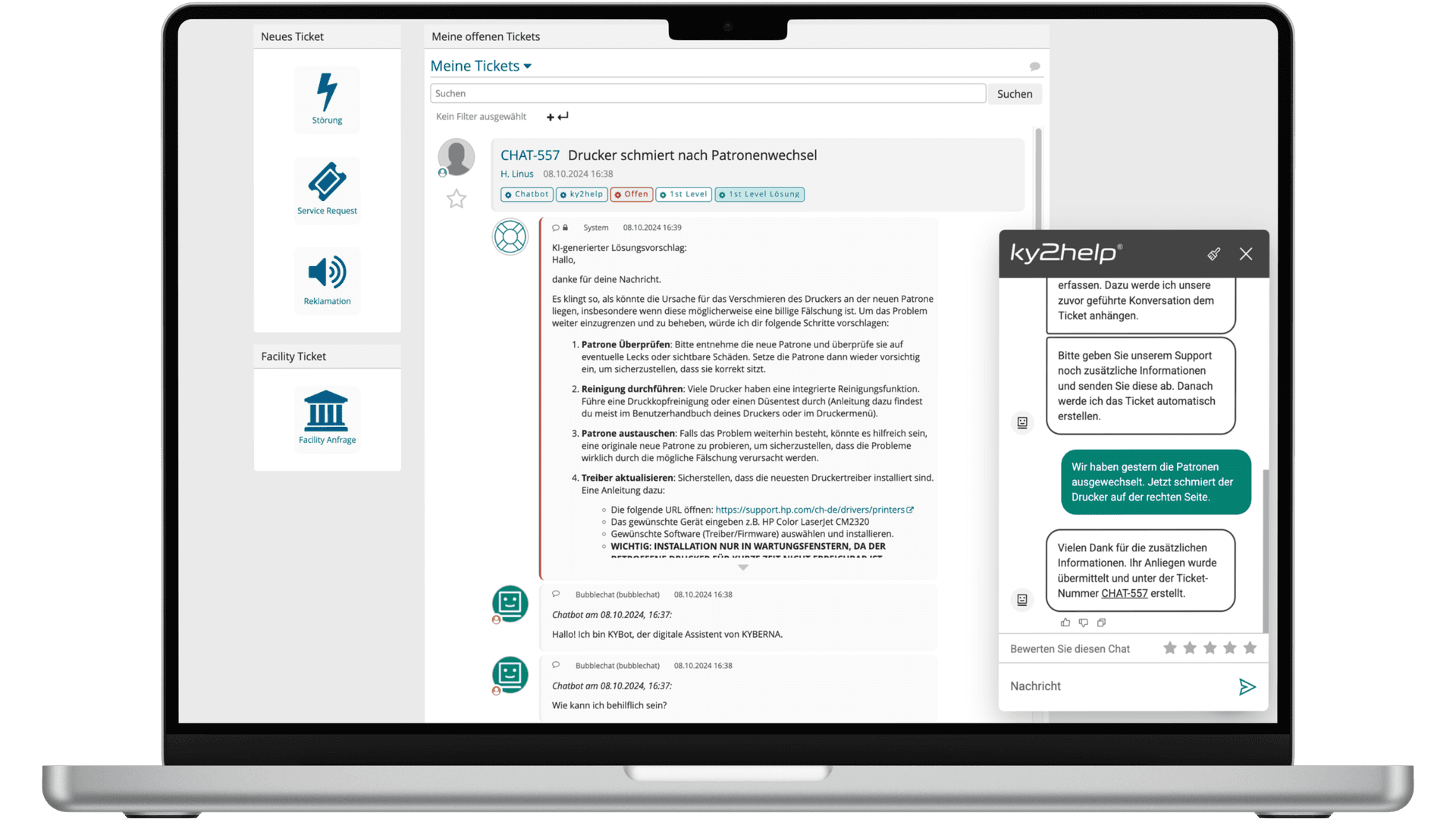 Hier sieht man den Chatbot von der Integration von Bubble Chat in ky2help®.