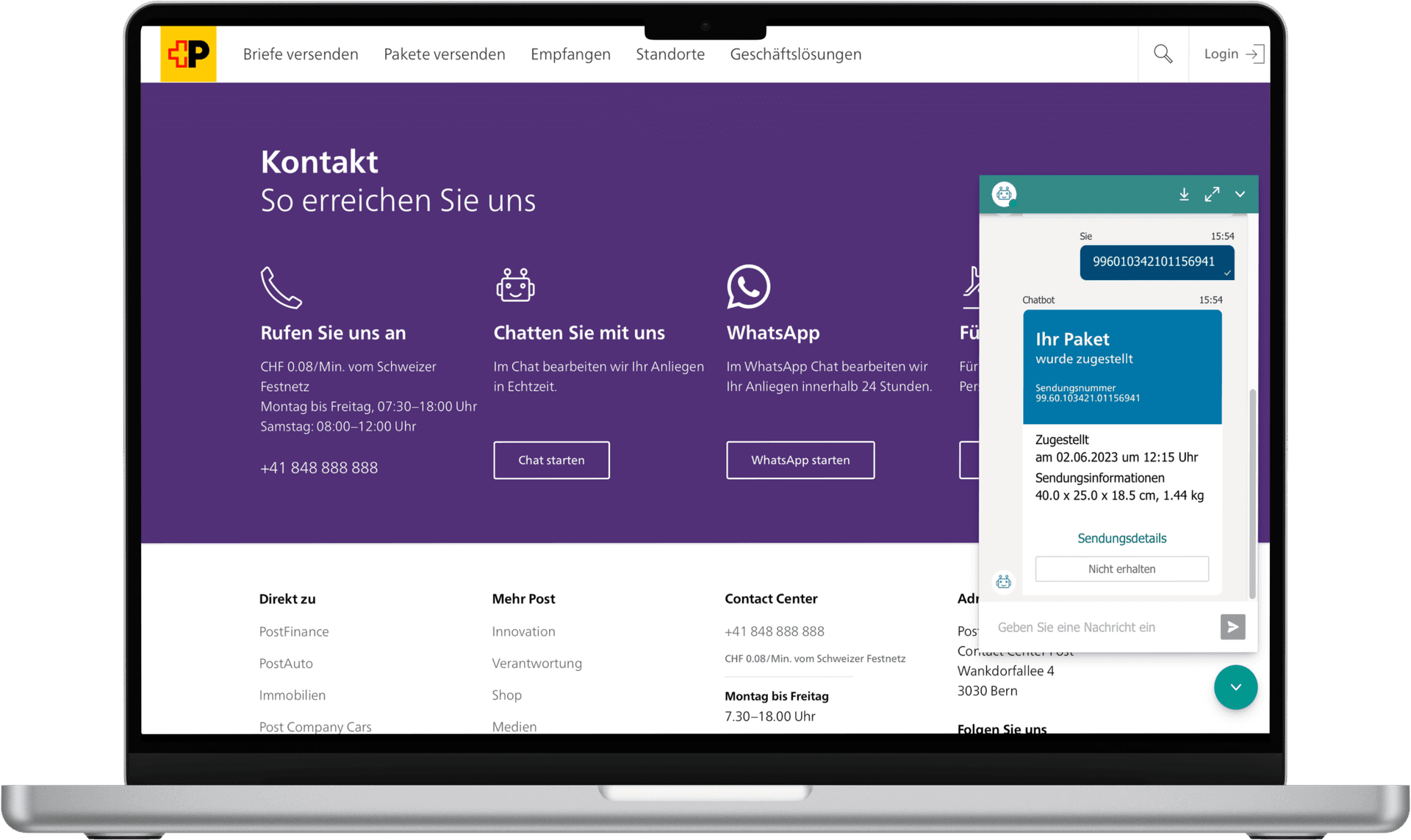 Screenshot Chatbot auf der Homepage der Schweizerischen Post.