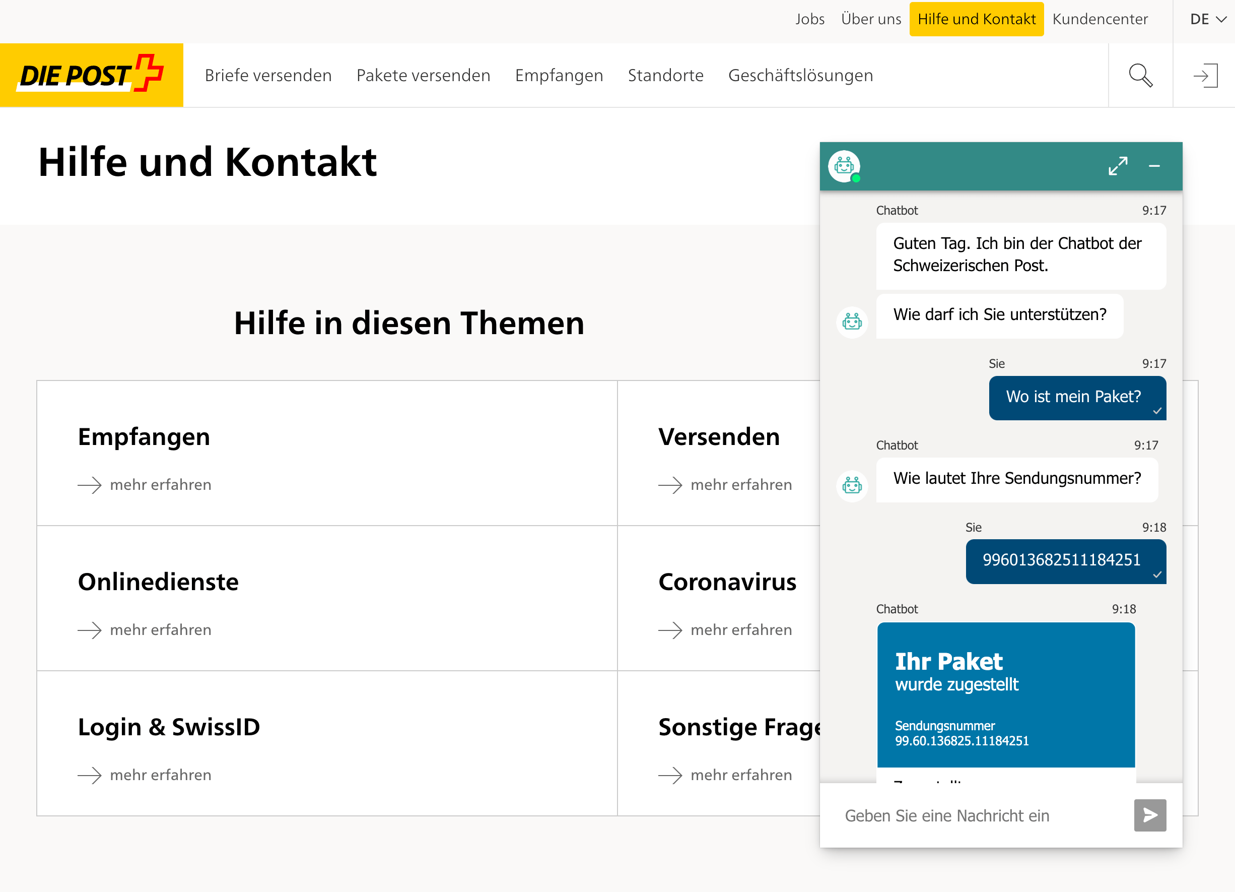 Hier sieht man den Chatbot der Schweizerischen Post, entwickelt von Apptiva.