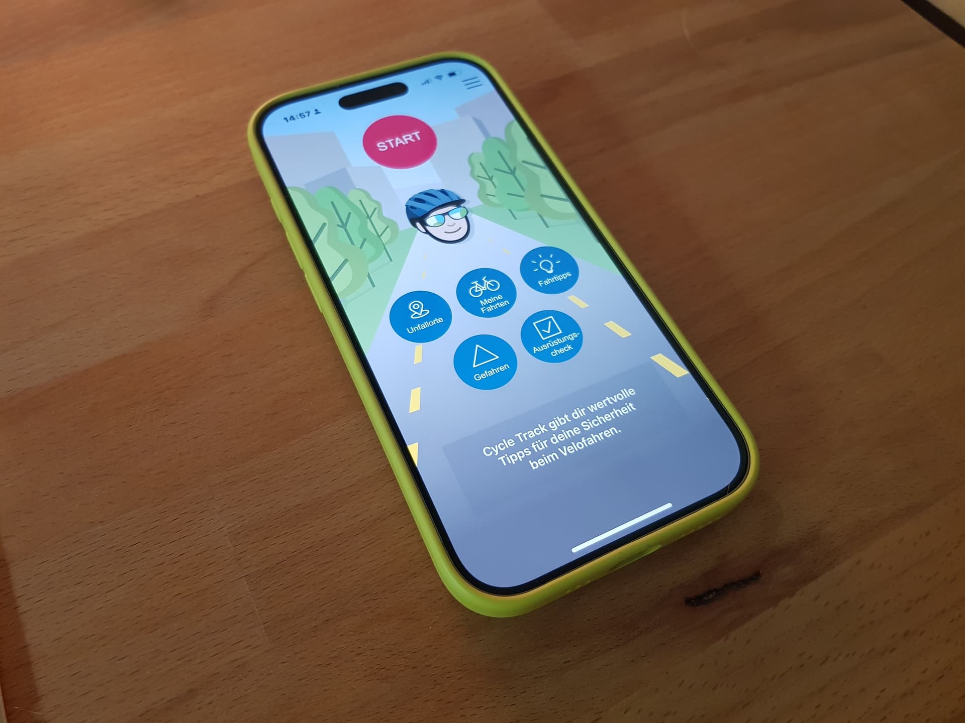 Dies ist der Startbildschirm der Suva-App Cycle Track. Die App zeichnet die GPS-Route auf, analysiert die Risiken der Route und visualisiert diese auf der Karte.
