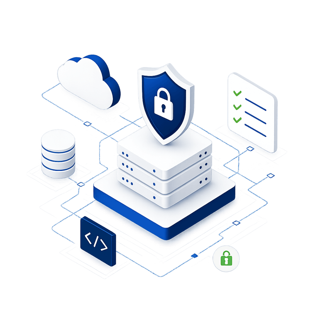 Moderne Tech-Illustration mit Servern, Cloud, Sicherheitsschild und Netzwerkarchitektur in Blau-Weiss. Visualisiert Hosting, Datenschutz, Infrastruktur und IT-Sicherheit für Enterprise-Webseiten.