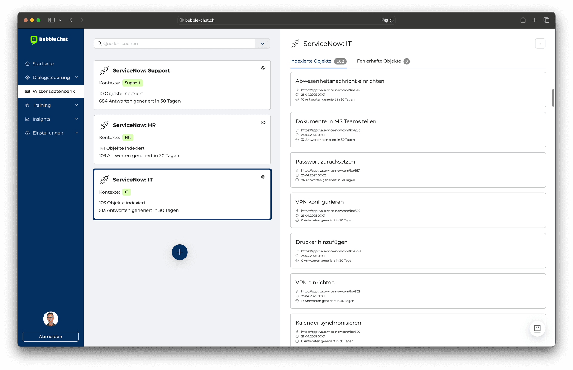 Mit unserer Standard-Schnittstelle zu ServiceNow lassen sich Inhalte aus dem dortigen Knowledge Management direkt und automatisiert im Chatbot verfügbar machen.