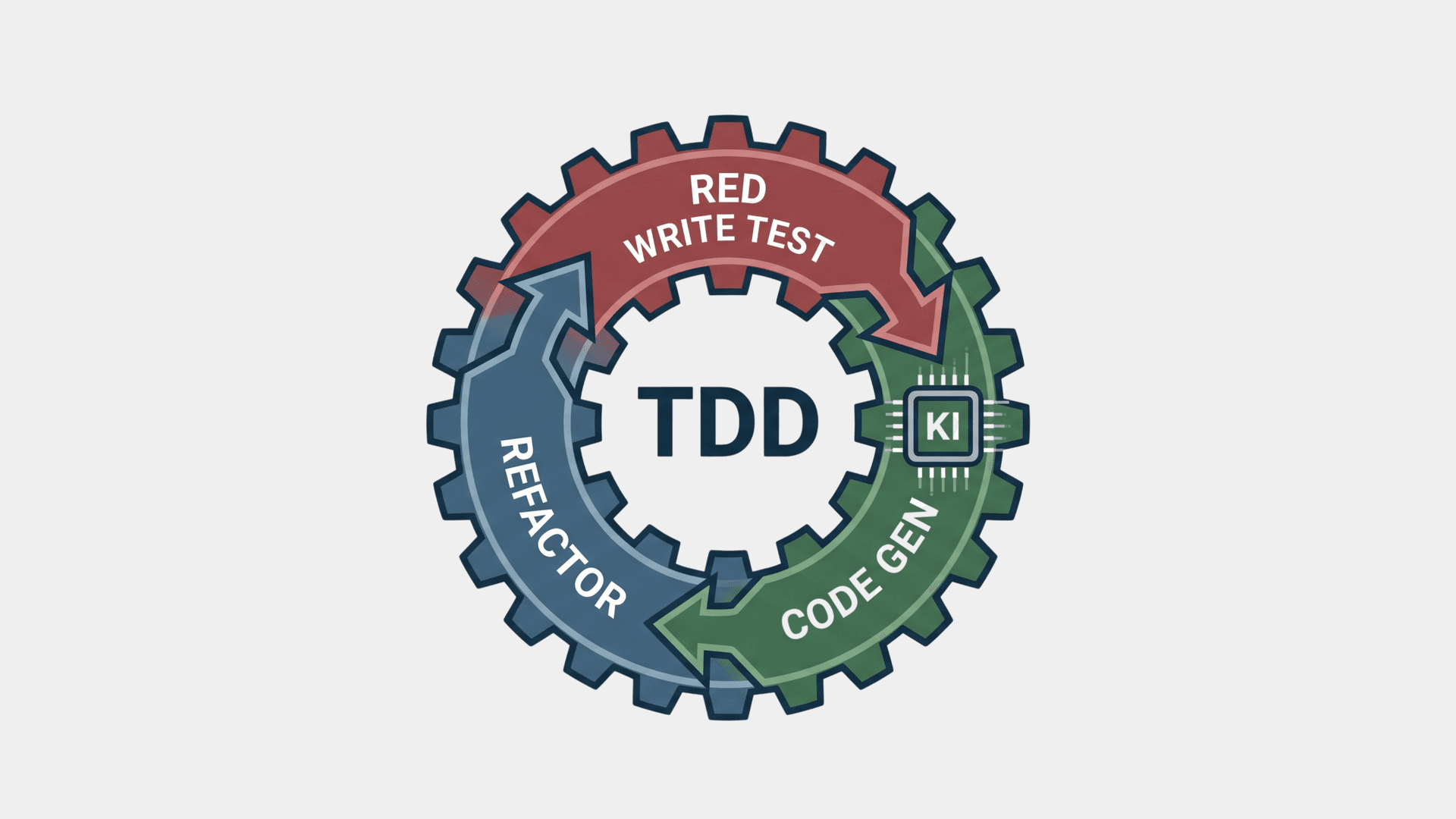 Infografik des TDD-Kreislaufs mit KI: Die Phasen Red (Test schreiben), Green (Code-Generierung mit KI) und Refactor für eine nachhaltige Software-Architektur.