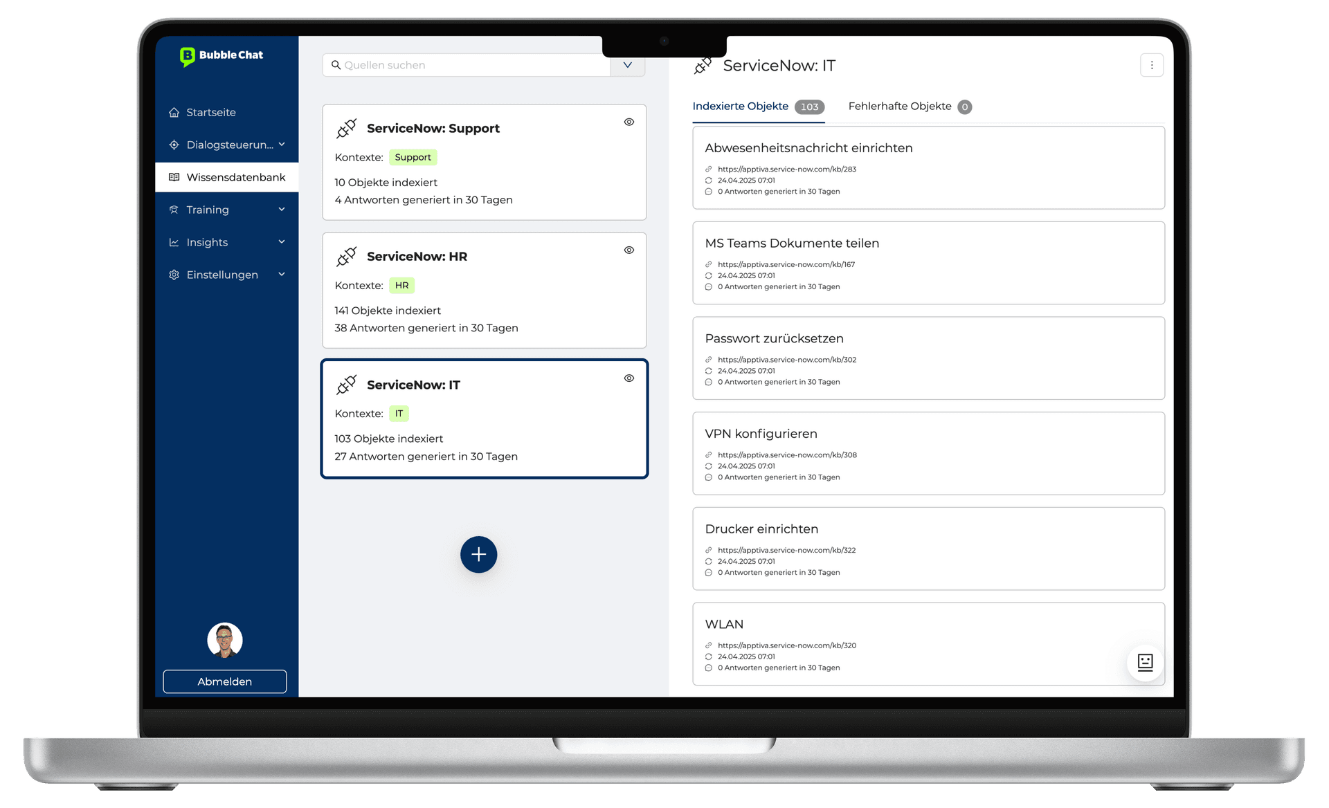 Integration von ServiceNow über die Wissendatenbanken in Bubble Chat. So können auch andere System für die Chatbot als Quelle zur Verfügung gestellt werden.