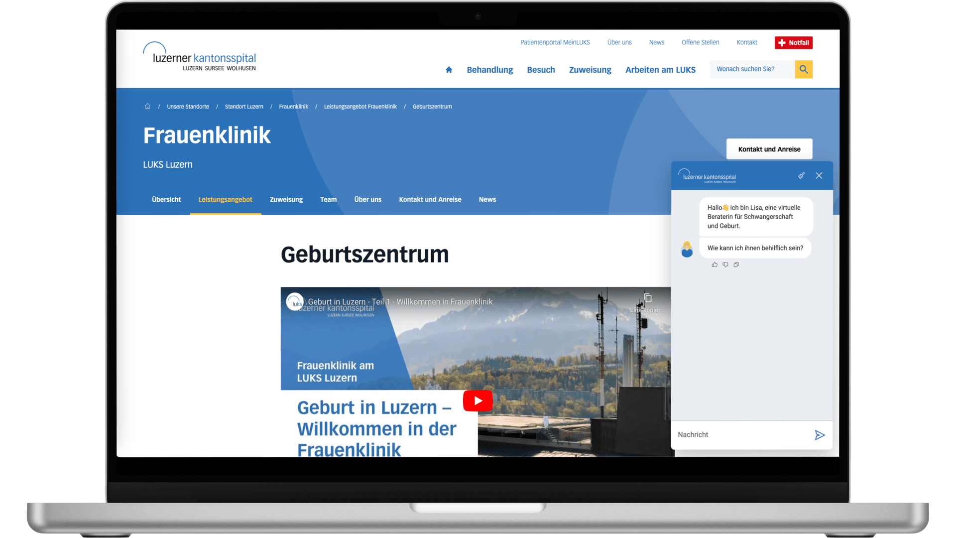 Hier sieht man den Chatbot vom Luzerner Kantonsspital.