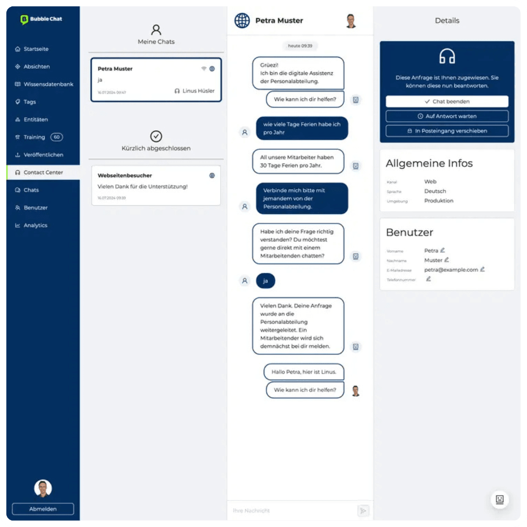 Manchmal weiss auch der schlauste Chatbot nicht weiter. In diesem Fall kann die Konversation an eine echte Person übergeben werden.