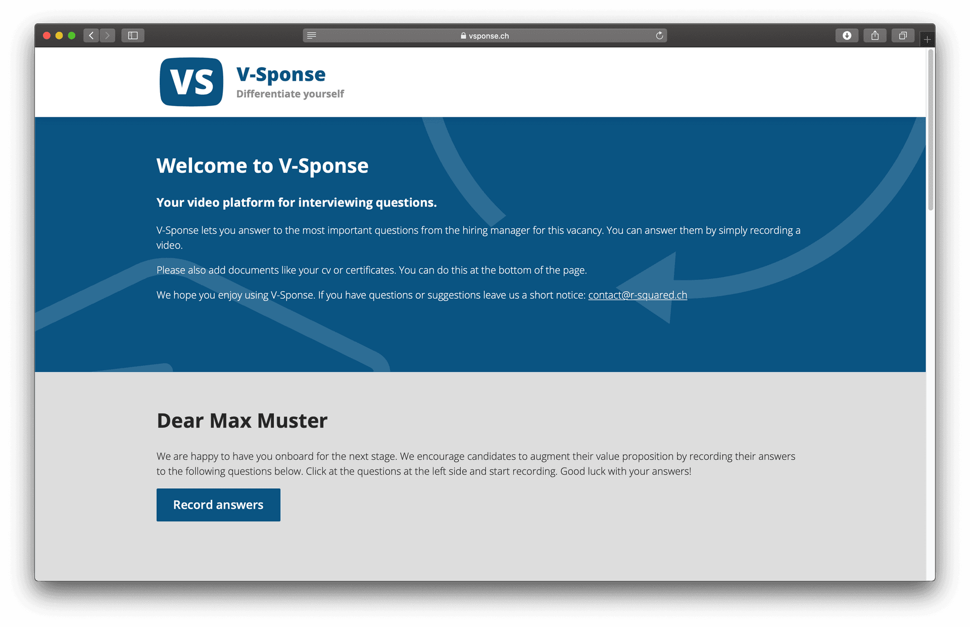 Begrüssung in V-Sponse